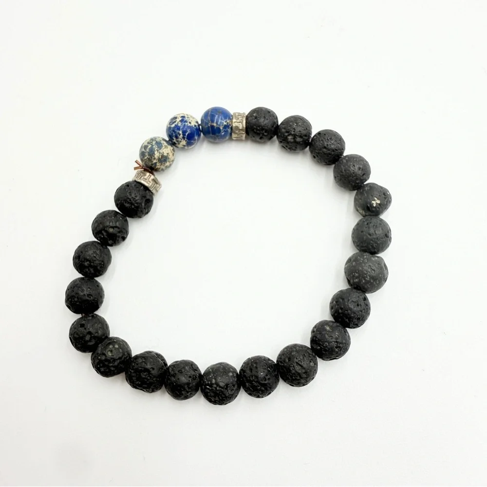 Blue Aqua Terra Jasper Black Lava Black and Blue Beaded Bracelet - Picture 9 of 10